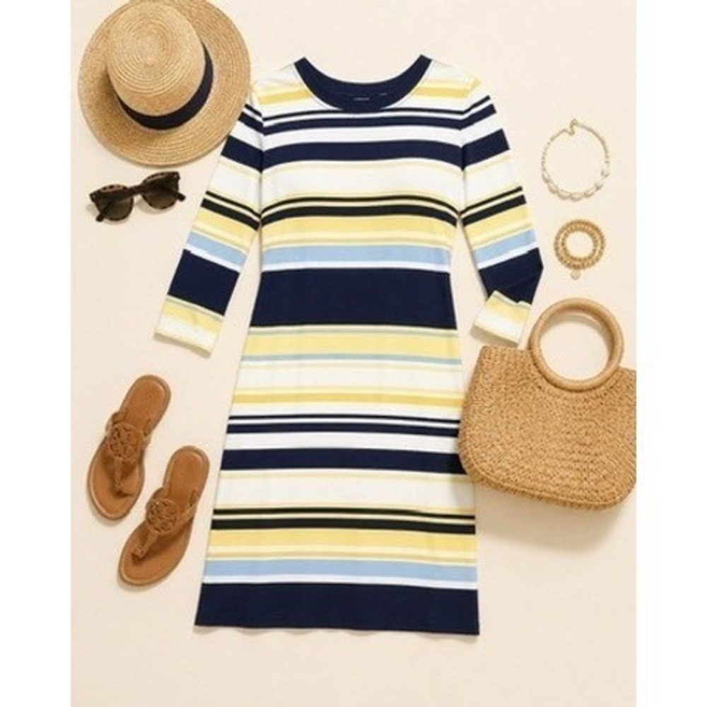 Southern‎ Tide Women's Striped 3/4 Sleeve Knit Dress Navy Blue Yellow Size Small
